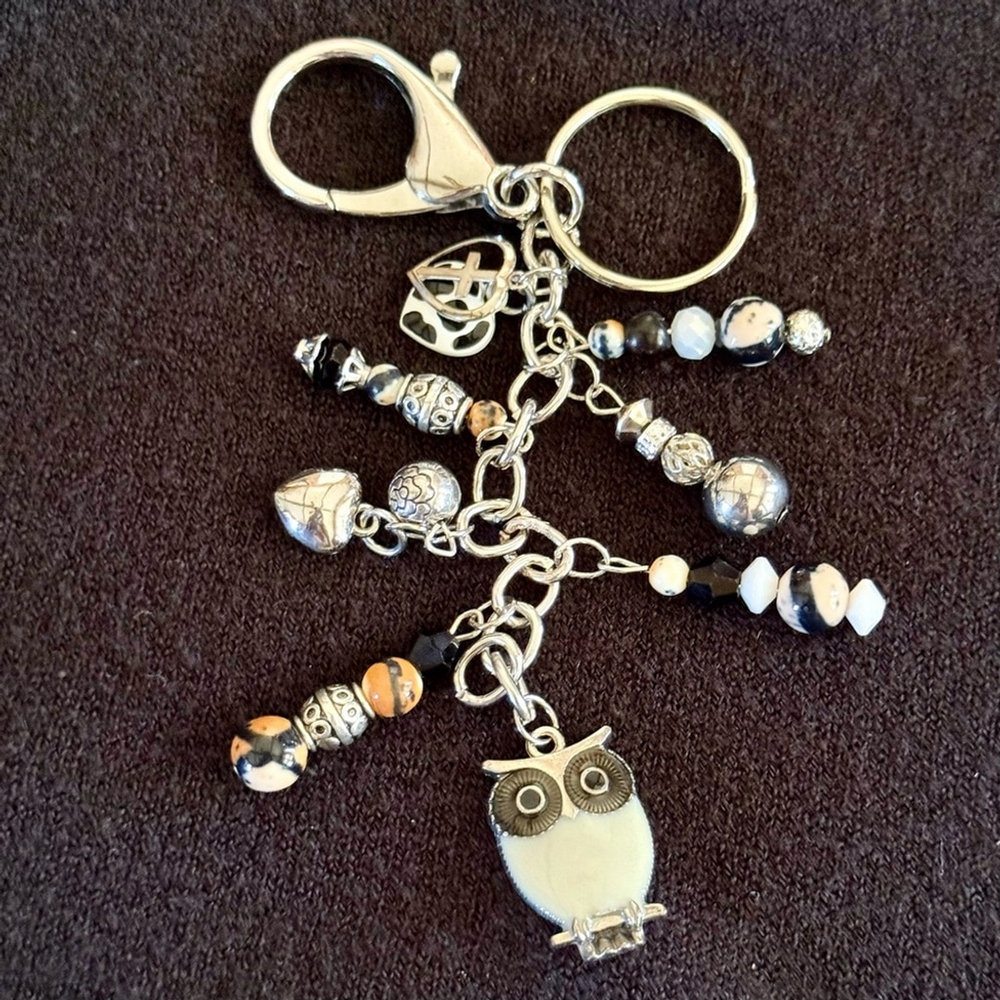 NEW Owl Silver Handmade Bag Charm Keychain One of a Kind Crystal Beads